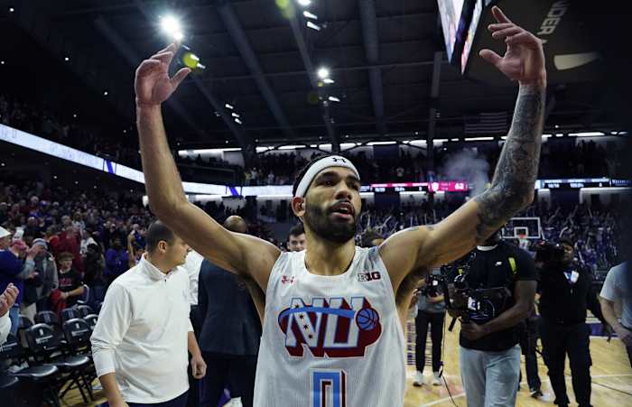 Northwestern Wildcats guard Boo Buie (0) celebrates his game winning shot against the Indiana Hoosiers at Welsh-Ryan Arena.